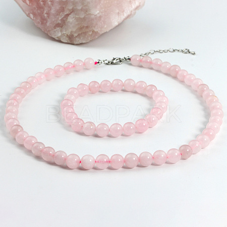 Natural Rose Quartz Round Beaded Necklaces & Stretch Beaded Bracelets Sets WG4DE29-03-1