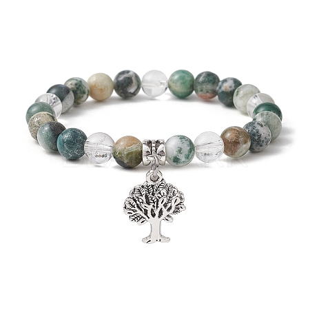 Natural Tree Agate Round Bead Stretch Bracelets BJEW-JB09872-02-1