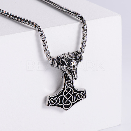 Vintage 304 Stainless Steel Wolf Flower Hammer Pendant Necklaces for Men DY0439-1