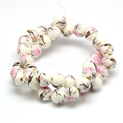Handmade Flower Printed Porcelain Ceramic Beads Strands PORC-M007-10mm-06-1