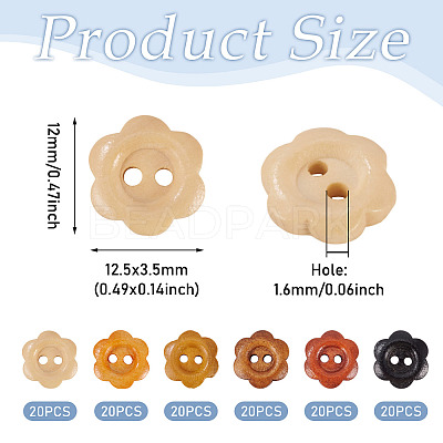 120Pcs 6 Colors 2-Hole Wood Flower Buttons BUTT-TA0001-40A-1