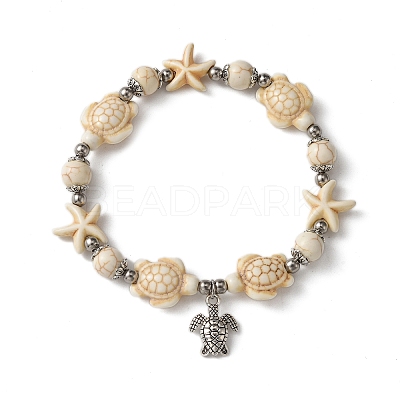 2Pcs 2 Colors Starfish & Turtle Dyed Synthetic Turquoise Beaded Stretch Bracelet Sets BJEW-JB10925-1