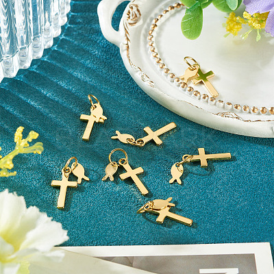 10Pcs Cross with Fish Brass Pendants PALLOY-TAC0271-1
