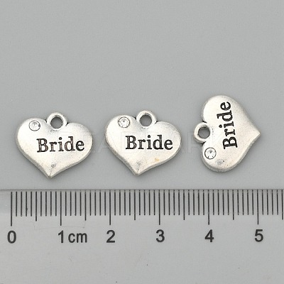 Wedding Theme Antique Silver Tone Tibetan Style Heart with Bride Rhinestone Charms X-TIBEP-N005-12E-1