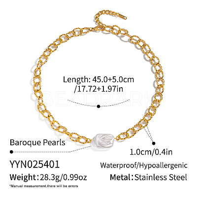 Elegant Natual Baroque Freshwater Pearl Nuggets Pendant 304 Stainless Steel Textured Chain Necklaces for Women NO8984-1