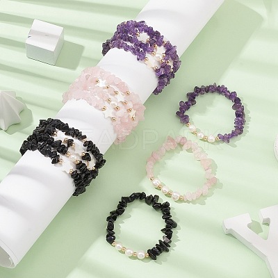 5Pcs 5 Style Natural Mixed Gemstone Chips Stretch Bracelets Set BJEW-JB09551-1