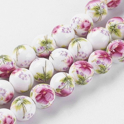Handmade Flower Printed Porcelain Ceramic Beads Strands PORC-J006-A06-1