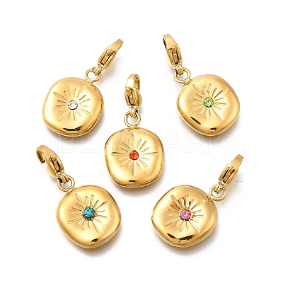 Flat Round 304 Stainless Steel Rhinestone Pendants Decoration STAS-R159-53G-1