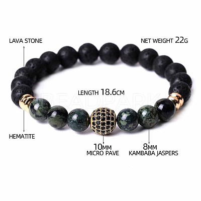 Natural Rhyolite Jasper & Lava Rock & Cubic Zirconia Round Beads Stretch Bracelets for Men Women Round Beads Stretch Bracelets for Men Women FF8165-5-1