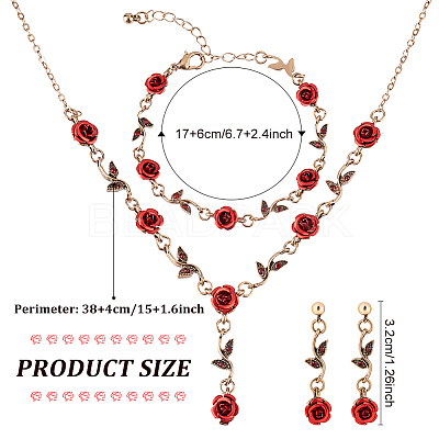 Siam Rhinestone Rose Flower Dangle Stud Earrings & Link Chain Bracelet & Lariat Necklace SJEW-AN0001-13-1