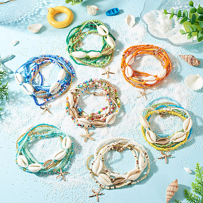 2 Bags Summer Beach Glass Seed Beaded & Natural Shell & Alloy Starfish Charm Anklet Sets AJEW-TA0003-69A-1