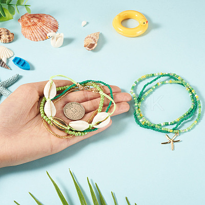 2 Bags Summer Beach Glass Seed Beaded & Natural Shell & Alloy Starfish Charm Anklet Sets AJEW-TA0003-69E-1