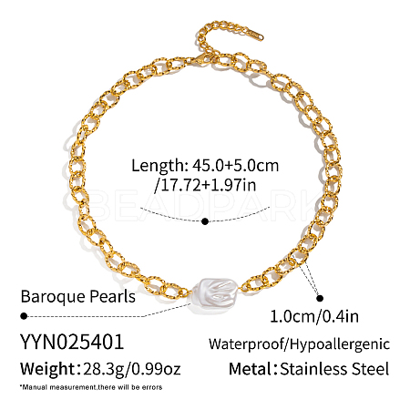 Elegant Natual Baroque Freshwater Pearl Nuggets Pendant 304 Stainless Steel Textured Chain Necklaces for Women NO8984-1