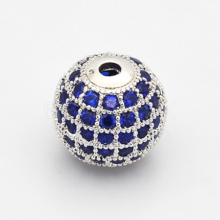 CZ Brass Micro Pave Grade AAA Blue Color Cubic Zirconia Round Beads KK-O065-8mm-03P-NR-1