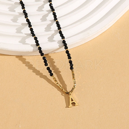 Stainless Steel Initial Pendant Faceted Round Natural Black Spinel Beaded Necklaces for Women ZD9259-1-1