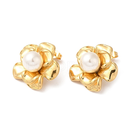 Plastic Pearl Beaded Flower Stud Earrings EJEW-K244-21G-1