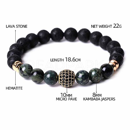 Natural Rhyolite Jasper & Lava Rock & Cubic Zirconia Round Beads Stretch Bracelets for Men Women Round Beads Stretch Bracelets for Men Women FF8165-5-1