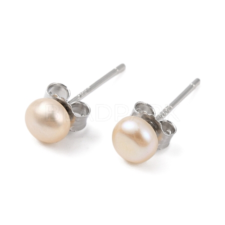Natural Pearl Round Bead Stud Earrings EJEW-E298-01A-02P-1