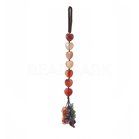 Heart Natural Red Agate & Mixed Stone Chips Tassel Pendant Decorations HJEW-JM00948-05-1