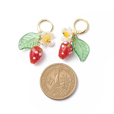 Lampwork Strawberry with Plastic Pearl Flower Dangle Leverback Earring X-EJEW-TA00130-1