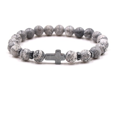 8MM Round Natural Map Stone Beaded Stretch Bracelets with Synthetic Non-magnetic Hematite Cross FA1012-12-1