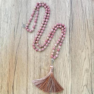 Natural Rhodonite Mala Prayer Round Beaded Wrap Necklaces with Long Tassel and Metal Tree of Life FS-WG93CBE-07-1