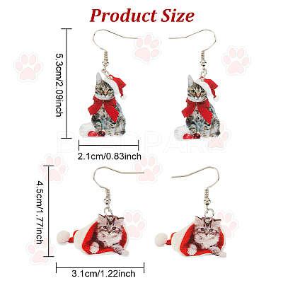 2 Pairs 2 Style Christmas Hat with Cat Acrylic Dangle Earrings EJEW-AN0002-37-1