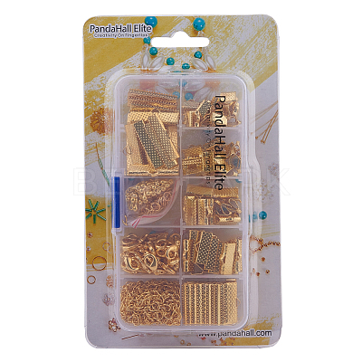Jewelry Basics Class Kit Gold Lobster Clasp Jump Rings Alloy Drop End Pieces Ribbon Ends Twist Extender Chains Mix 10 Style Lots in In A Box FIND-PH0003-01G-1