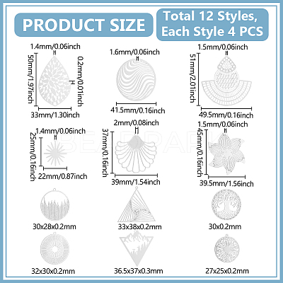48Pcs 12 Styles 201/304 Stainless Steel Filigree Pendants STAS-UN0064-14-1