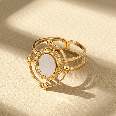 Oval 304 Stainless Steel White Shell Finger Rings for Women RJEW-G346-09G-02-1