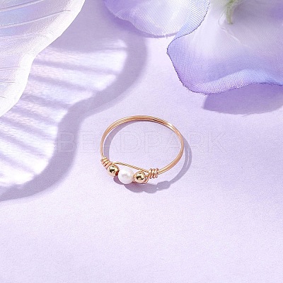 Copper Wire Wrapped Natural Cultured Freshwater Pearl Beads Finger Rings for Women RJEW-JR00775-01-1