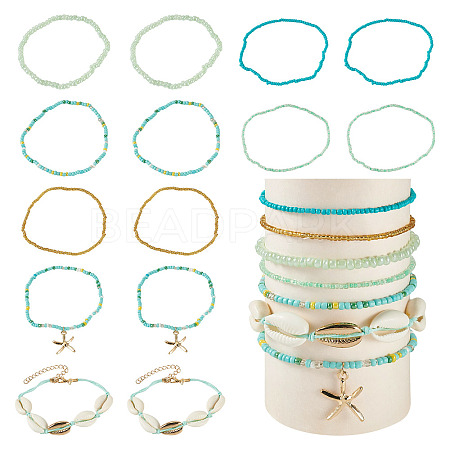 2 Bags Summer Beach Glass Seed Beaded & Natural Shell & Alloy Starfish Charm Anklet Sets AJEW-TA0003-69G-1