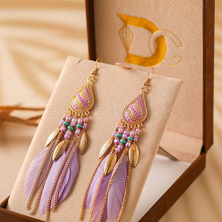 Feather Alloy Seed Beads Dangle Earrings FS-WGA085C-03-1