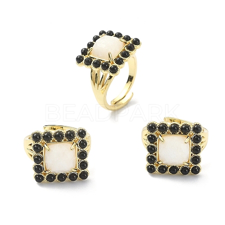 Synthetic Moonstone & Natural Black Agate Gemstone Rectangle Adjustable Ring RJEW-B030-01A-04-1