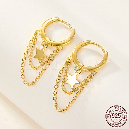 925 Sterling Silver Star & Chains Tassel Dangle Hoop Earrings for Women EJEW-F317-21G-1