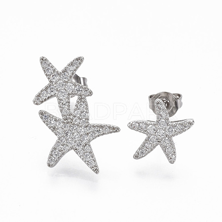 Brass Micro Pave Clear Cubic Zirconia Stud Earrings EJEW-R144-006P-NF-1