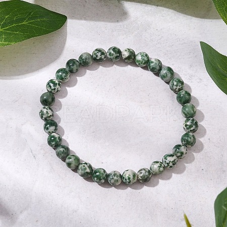 Natural Green Spot Jasper Round Beaded Stretch Bracelets for Women Men BJEW-JB11369-1