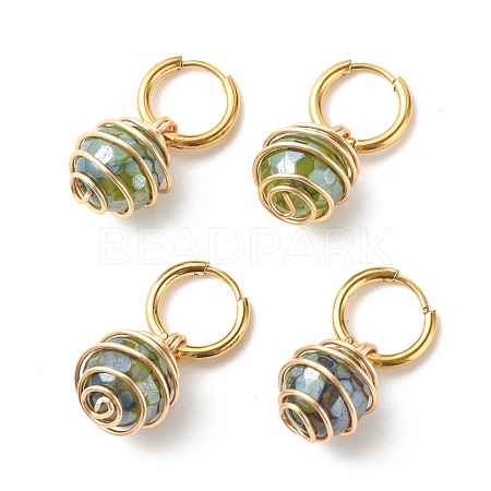 Round Natural Agate Beads Dangle Huggie Hoop Earrings EJEW-JE04718-03-1