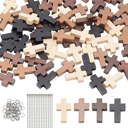 80Pcs 4 Colors Cross Wooden Pendants DIY-NB0007-52-1