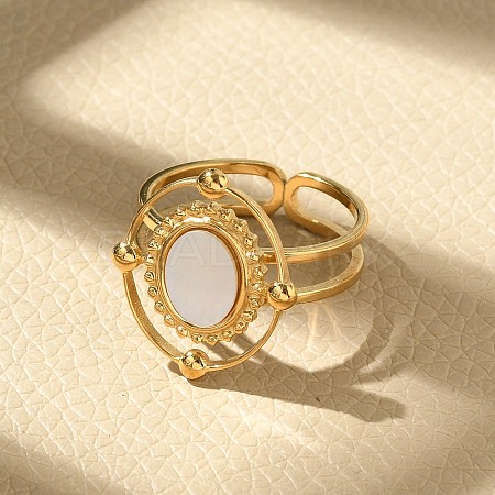 Oval 304 Stainless Steel White Shell Finger Rings for Women RJEW-G346-09G-02-1