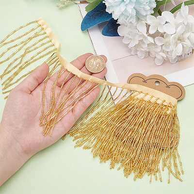 1 Yard Polyester Lace Trims with Glass Beaded Tassel DIY-WR0003-84A-1