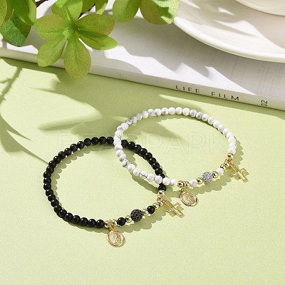 Natural Howlite & Dyed & Heated Black Agate Beaded Bracelets Sets BJEW-JB09045-1