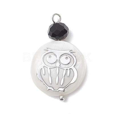 4Pcs 4 Styles Natural Shell & Black Glass Flat Round Pendants PALLOY-JF04290-1