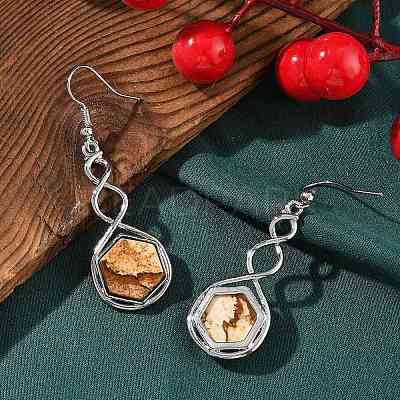 Hexagon Natural Picture Jasper Dangle Earrings EJEW-K298-01P-11-1