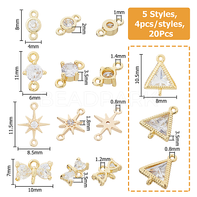 20Pcs 5 Styles Brass Pave Clear Cubic Zirconia Connector Charms KK-HS0001-30-1