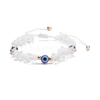 Natural Quartz Crystal Chips & Resin Evil Eye Braided Bead Bracelet BJEW-JB08495-06-1