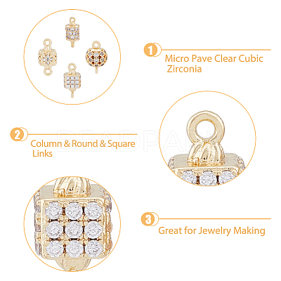 8Pcs 4 Styles Brass Micro Pave Clear Cubic Zirconia Connector Charms KK-DC0003-36-1