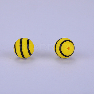 Printed Round with Stripe Pattern Silicone Focal Beads SI-JX0056A-140-1