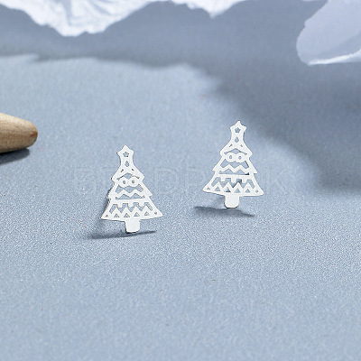 925 Sterling Silver Hollow Christmas Tree Stud Earrings EJEW-F397-01S-1