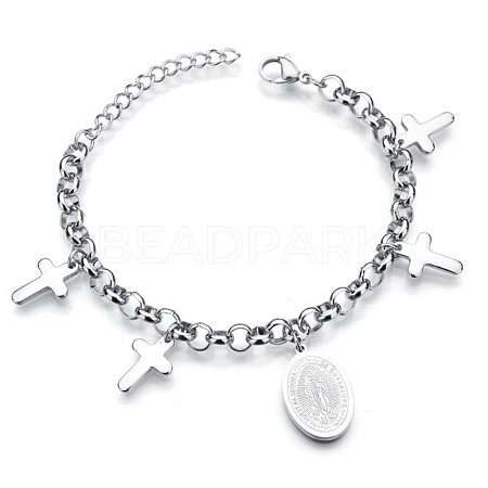 Titanium Steel Cross & Rosary Charm Bracelets for Women BJEW-BB69676-C-1